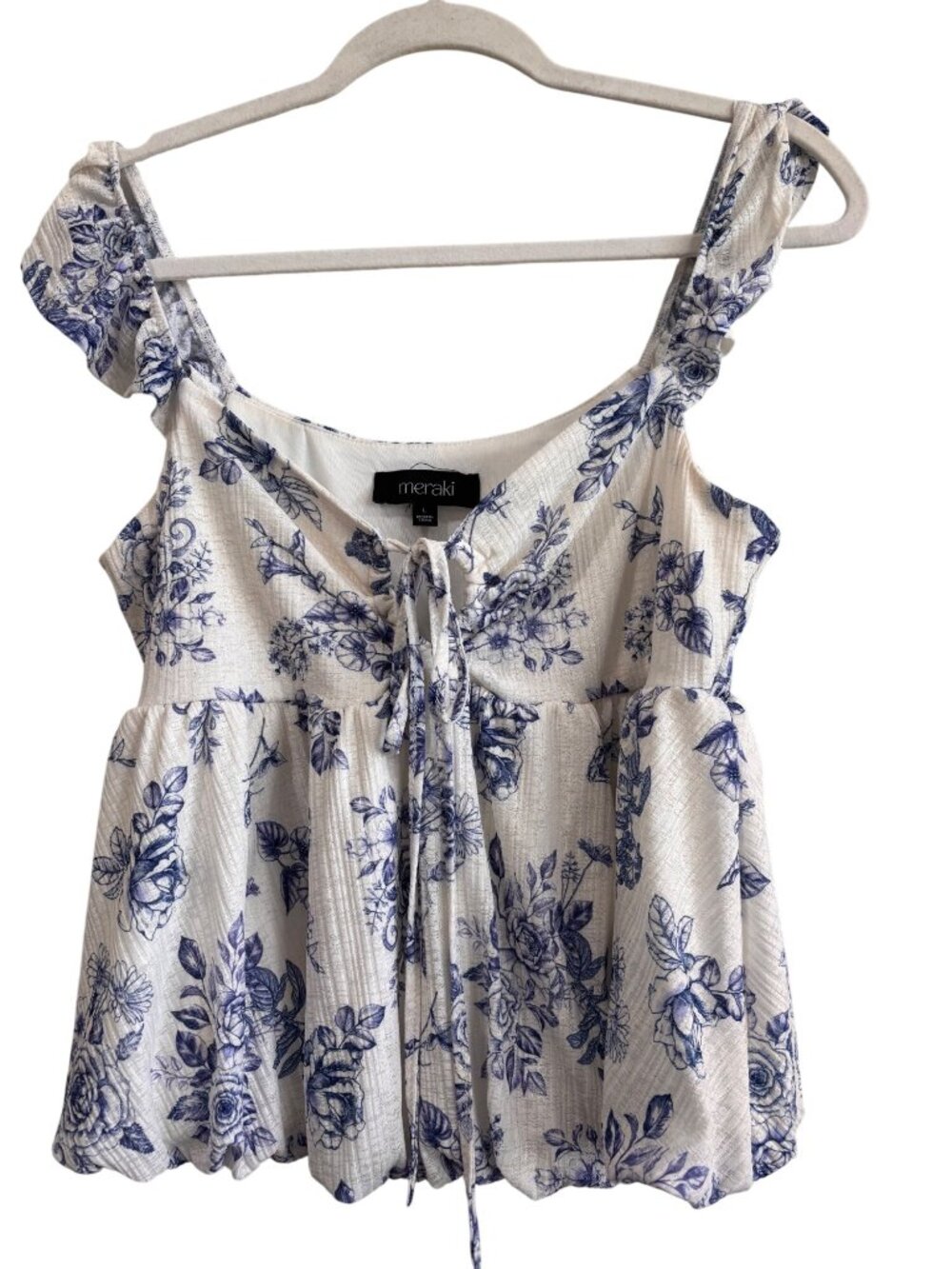 Floral Print Sleeveless Ruffle Babydoll Top By Meraki Size L Blue & White